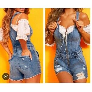 Guess Lucia Distressed Denim Romper Jumper Women's Sz S